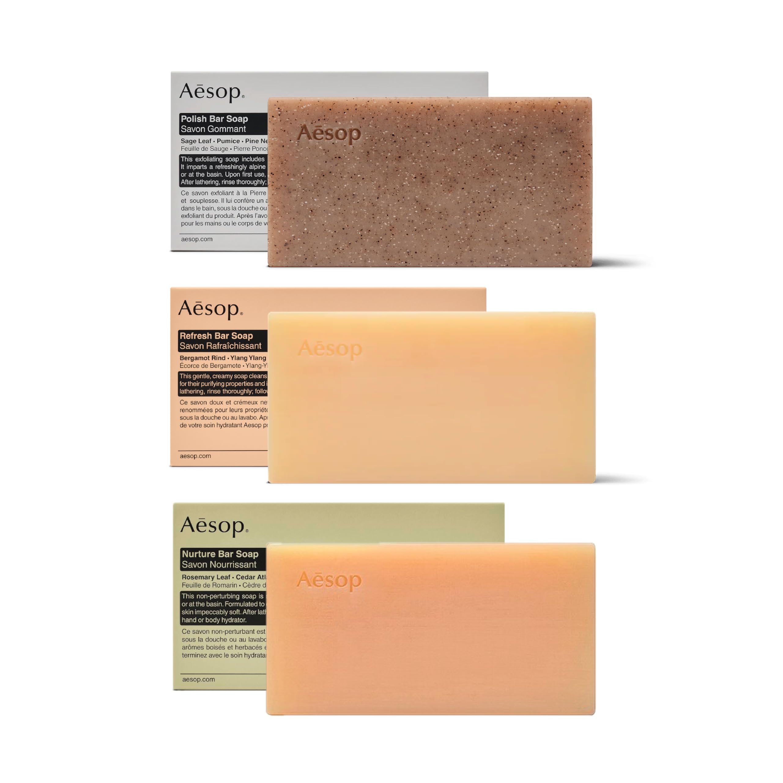 Aesop Bar Soap Trio air-dried image, low-foaming texture for gentle cleansing.