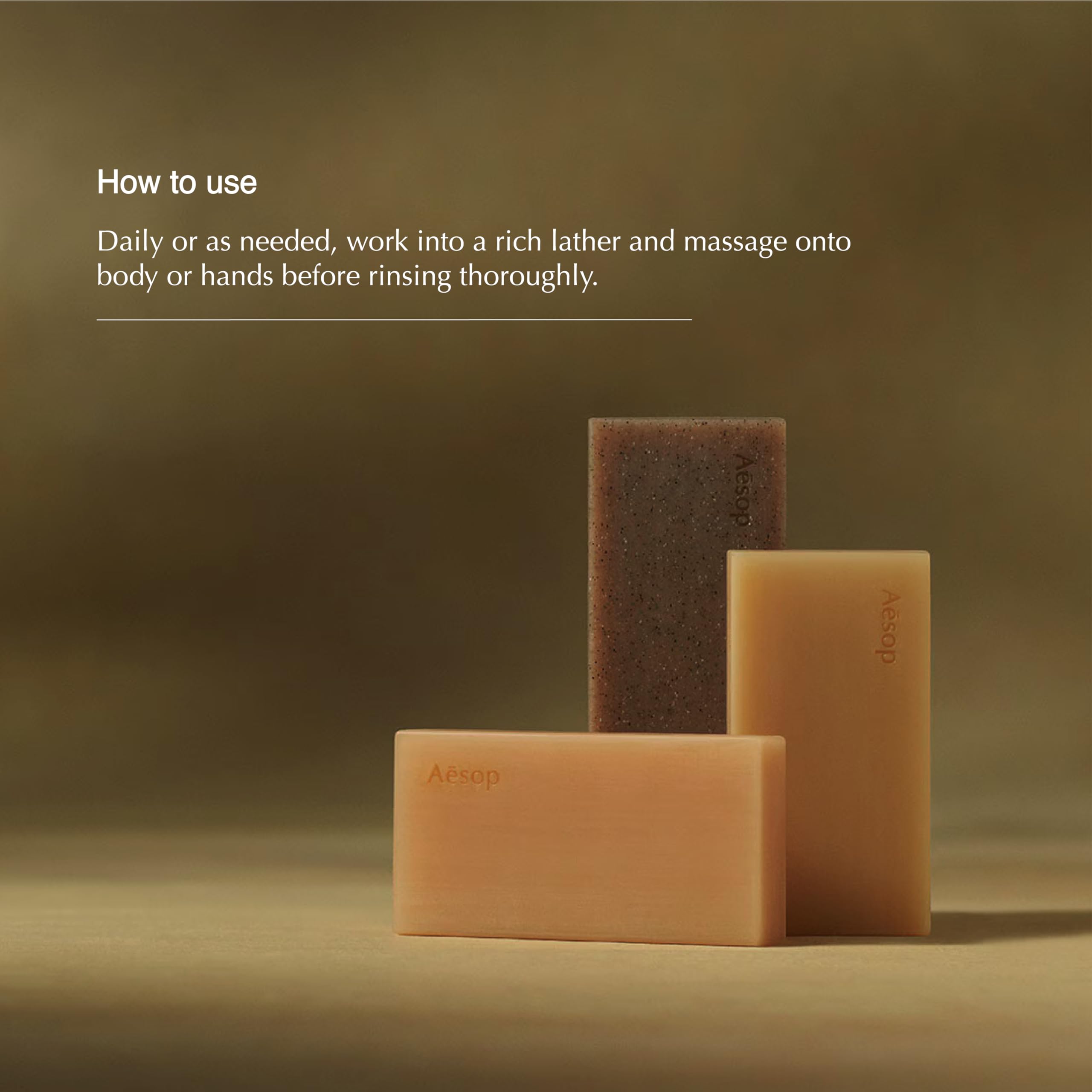 Aesop Bar Soap Trio nurture packaging image, shea butter supports moisture.