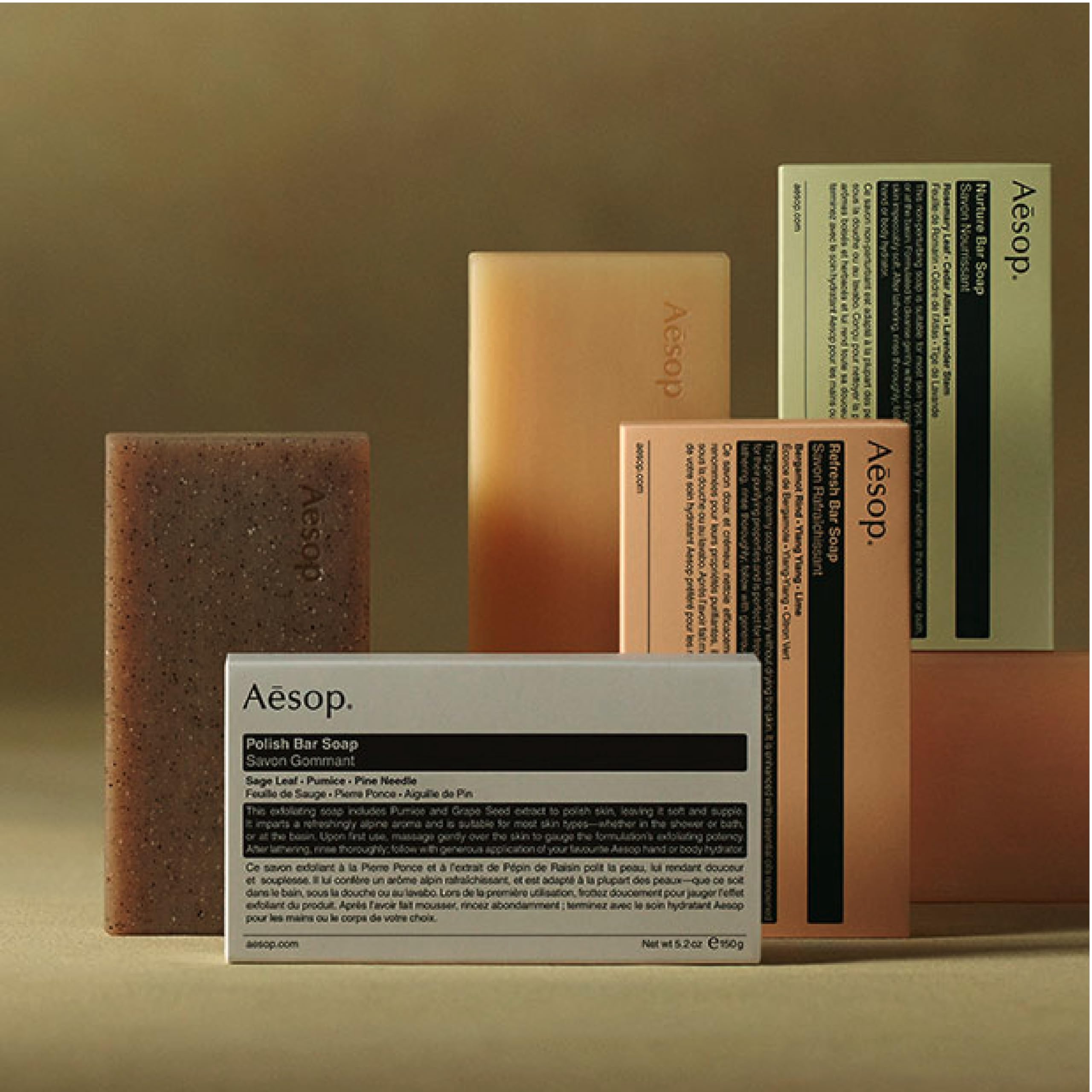 Aesop Bar Soap Trio polish texture image, exfoliating bar for dry areas.