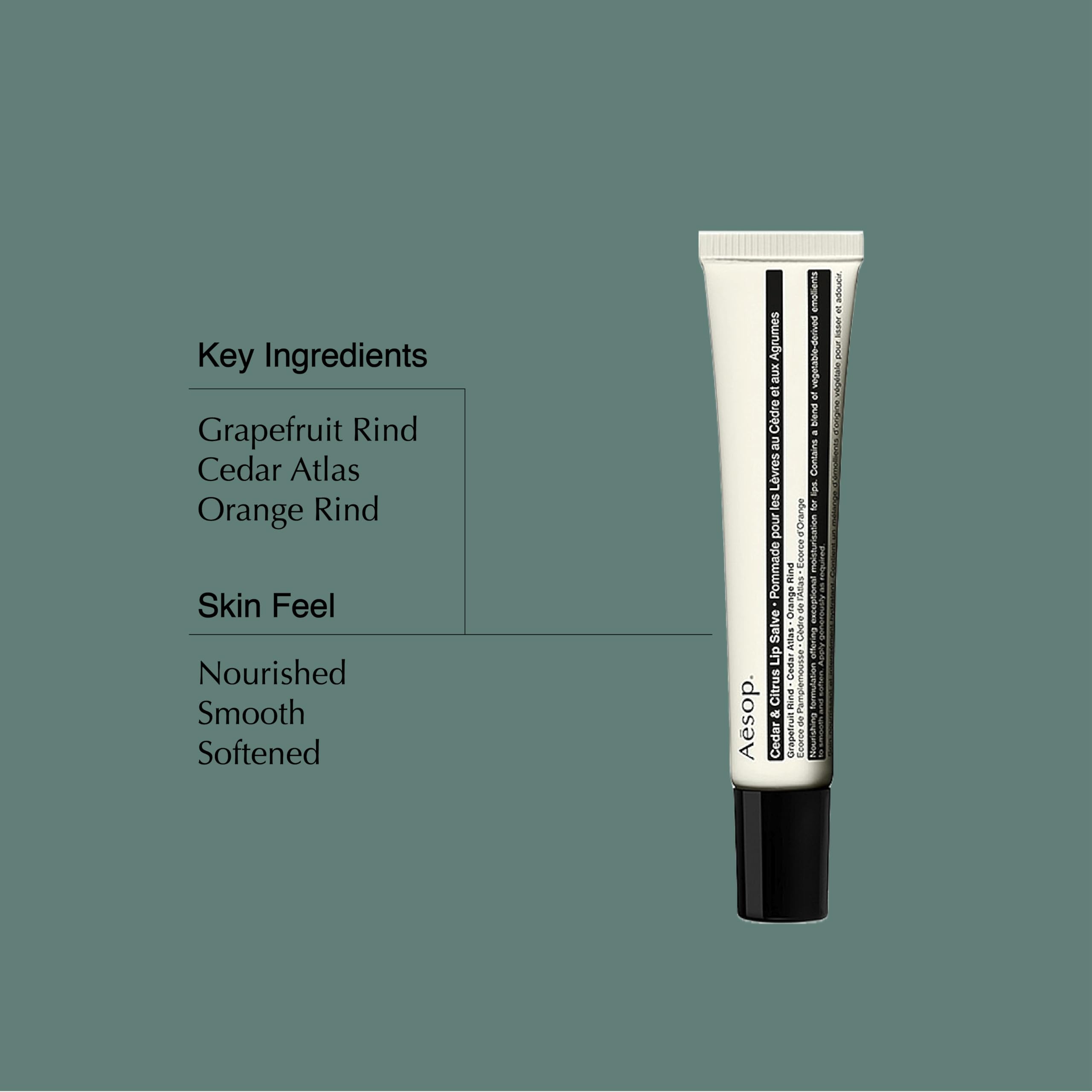 Aesop Cedar & Citrus Lip Balm featuring grapefruit rind for antioxidant moisturisation and refreshing scent.