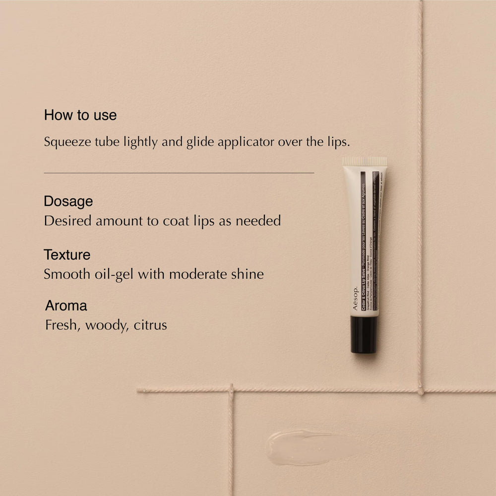 Aesop Cedar & Citrus Lip Balm squeeze-tube packaging for easy on-the-go lip care.