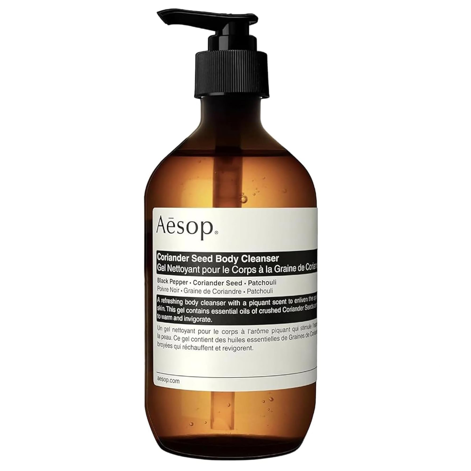 Aesop Coriander Seed Body Cleanser bottle displaying warming aroma for refreshed skin.
