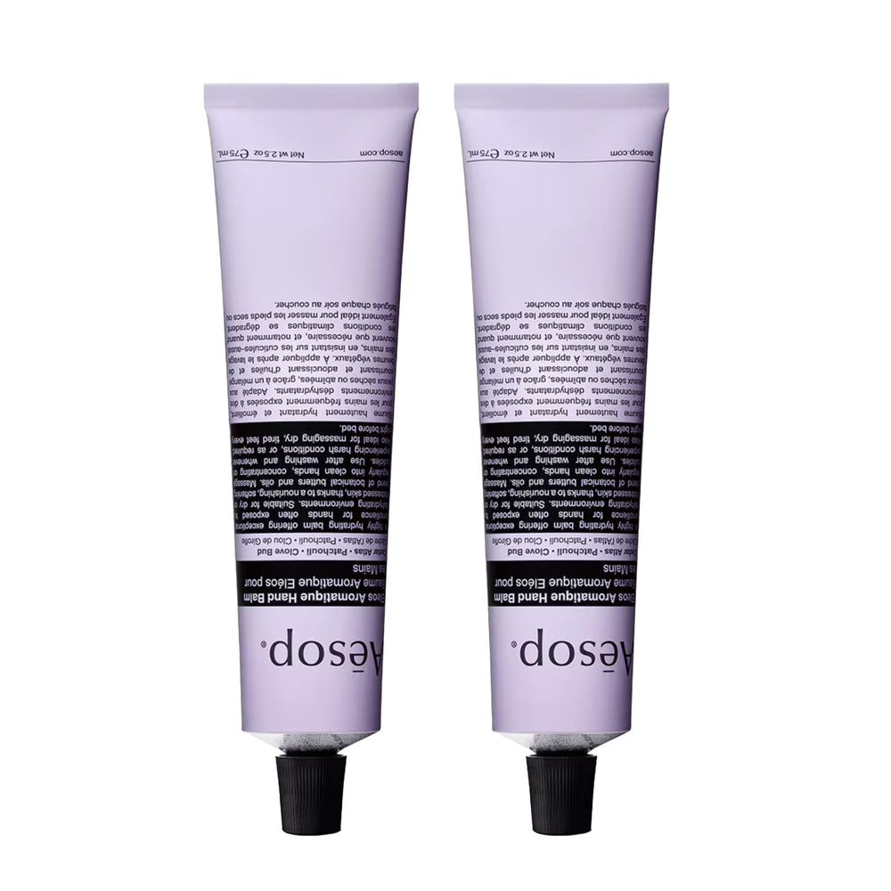 Aesop Eleos hand balm tube close-up shows rich hydration for dry hands.