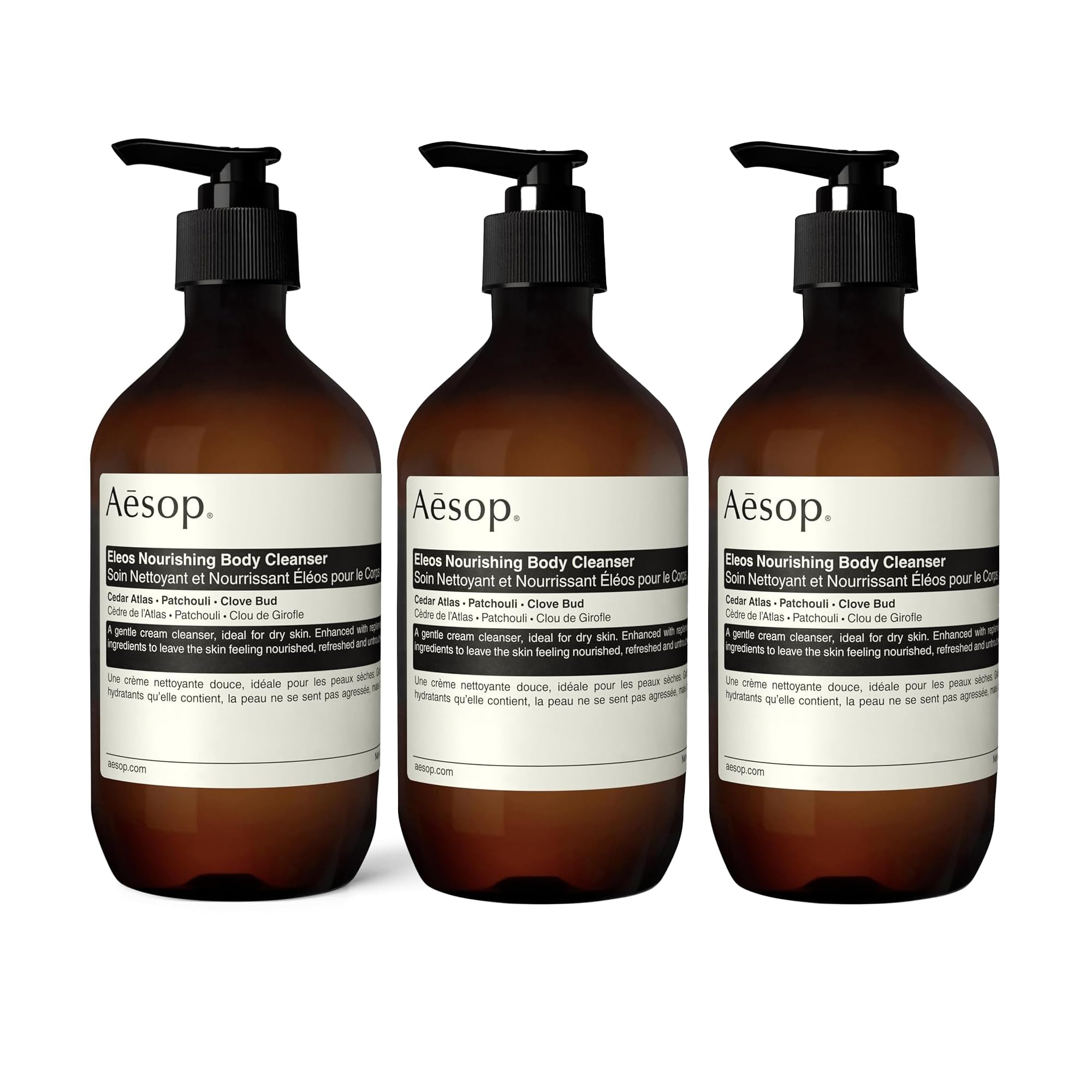 Aesop Eleos Nourishing Body Cleanser bottle on shelf signaling premium hydration.