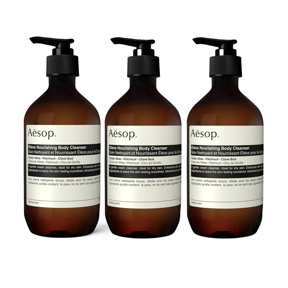 Aesop Eleos Nourishing Body Cleanser bottle on shelf signaling premium hydration.