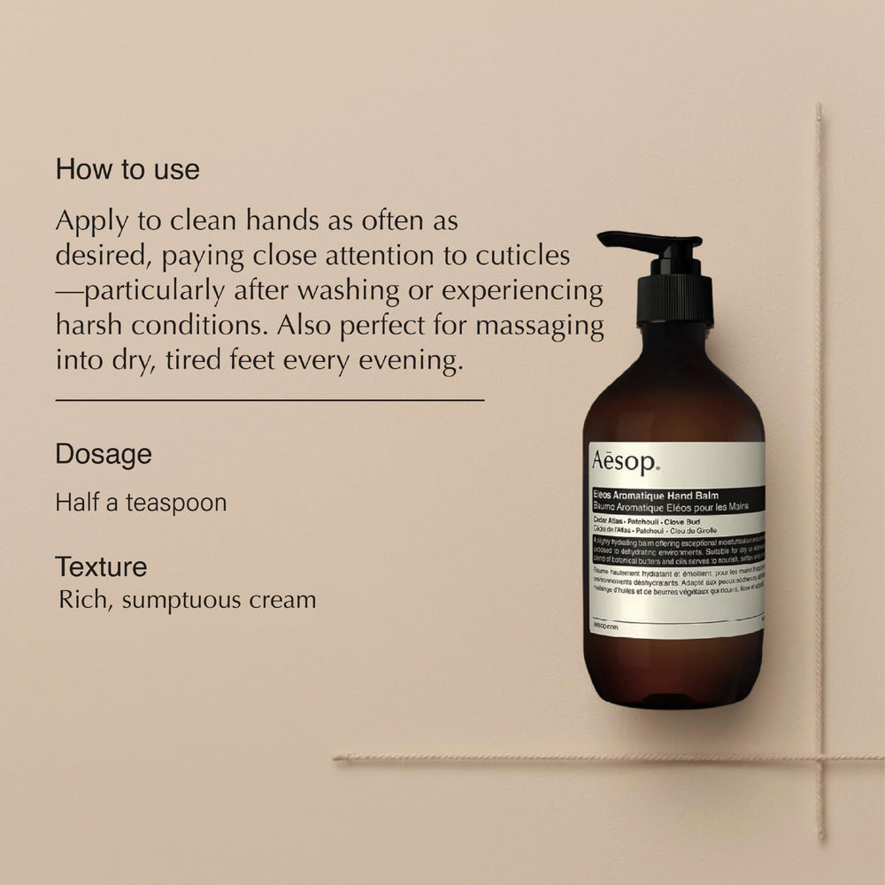 Aesop Eleos aromatique hand balm packaging emphasizes sustainable bottle design.