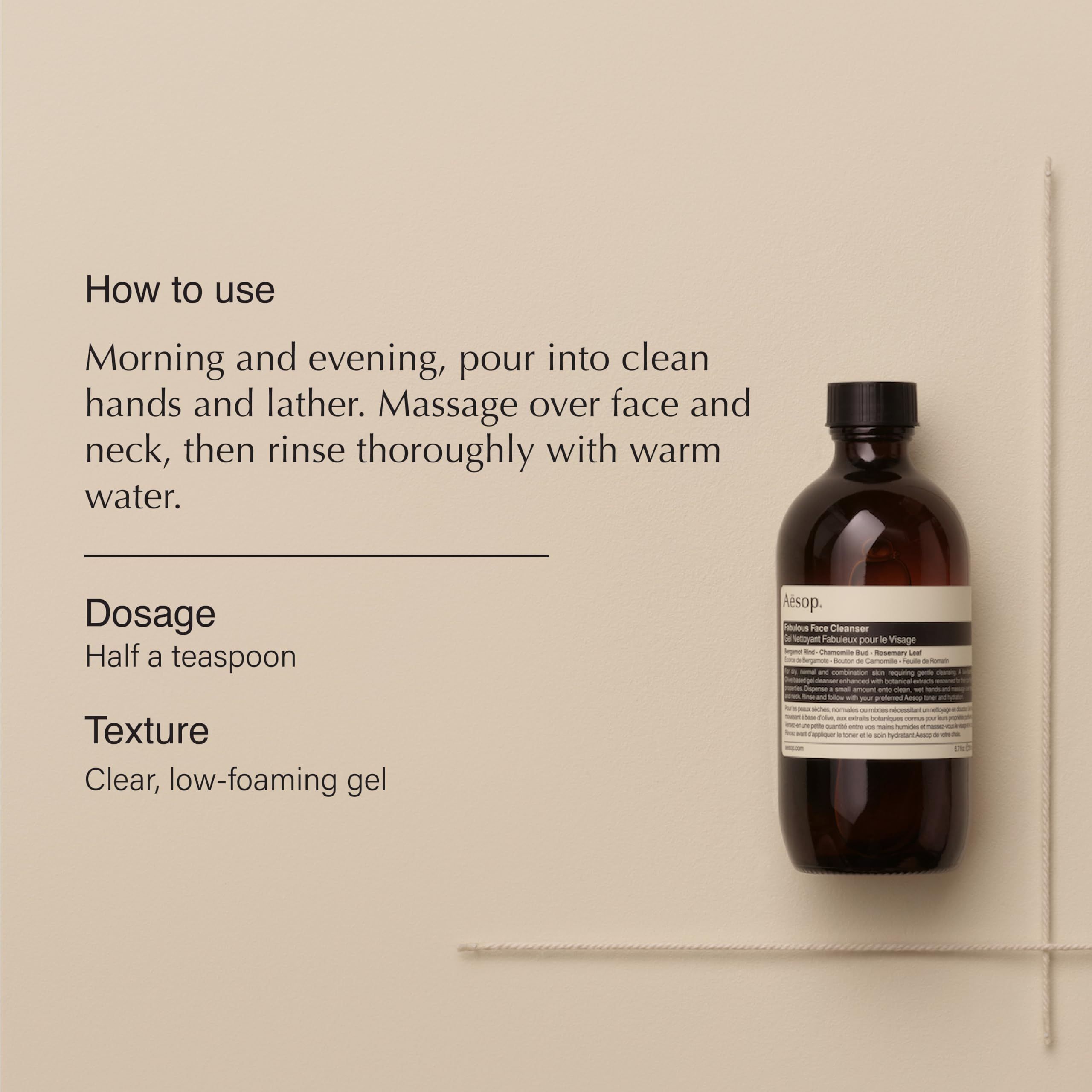 Aesop Fabulous Face Cleanser pump close-up, easy morning routine with purifying botanicals.