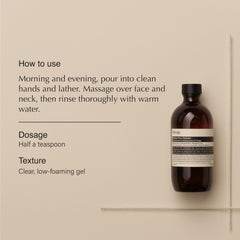 Aesop Fabulous Face Cleanser pump close-up, easy morning routine with purifying botanicals.