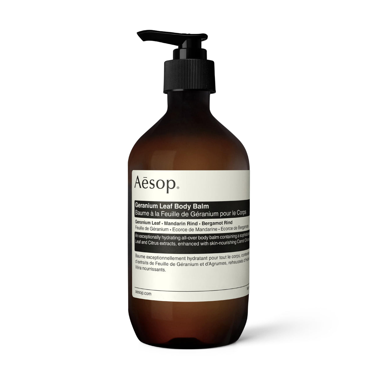 Aesop Geranium Leaf Body Balm bottle front with a green citrus aroma