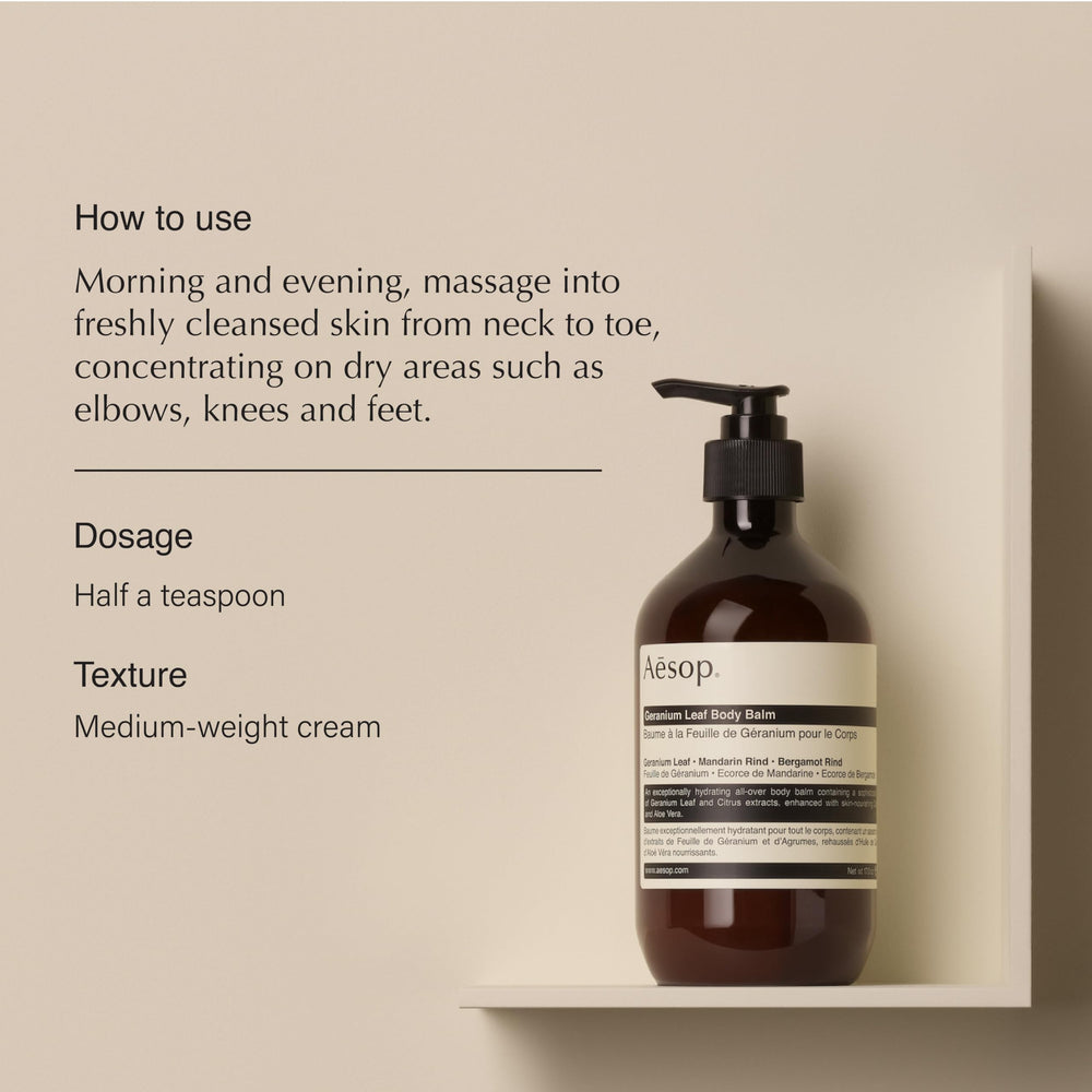 Close view of Aesop Geranium Leaf Body Balm label showing vegan, cruelty-free branding