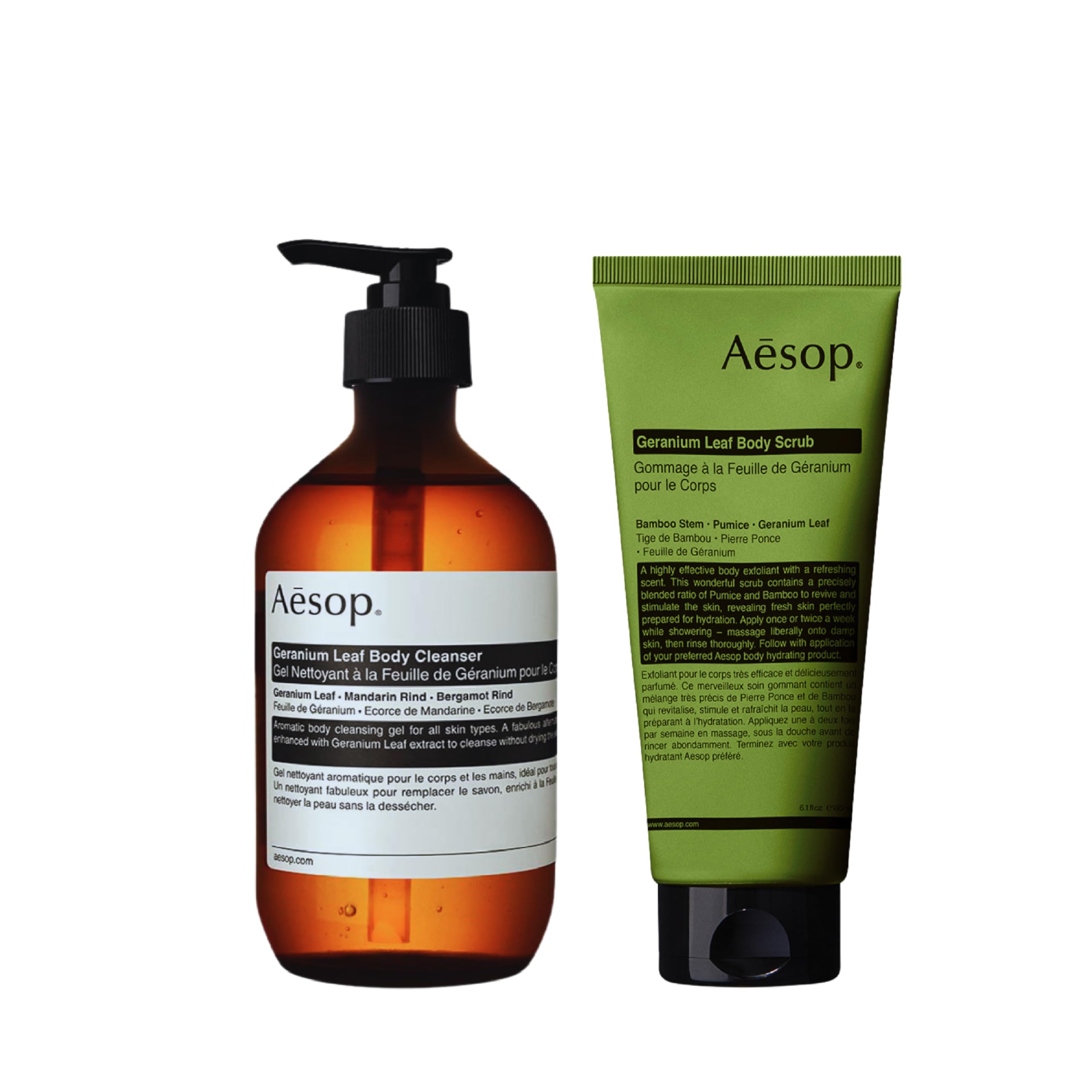 Aesop Geranium Leaf Body Cleanser bottle shows a refreshing gel for daily cleansing.