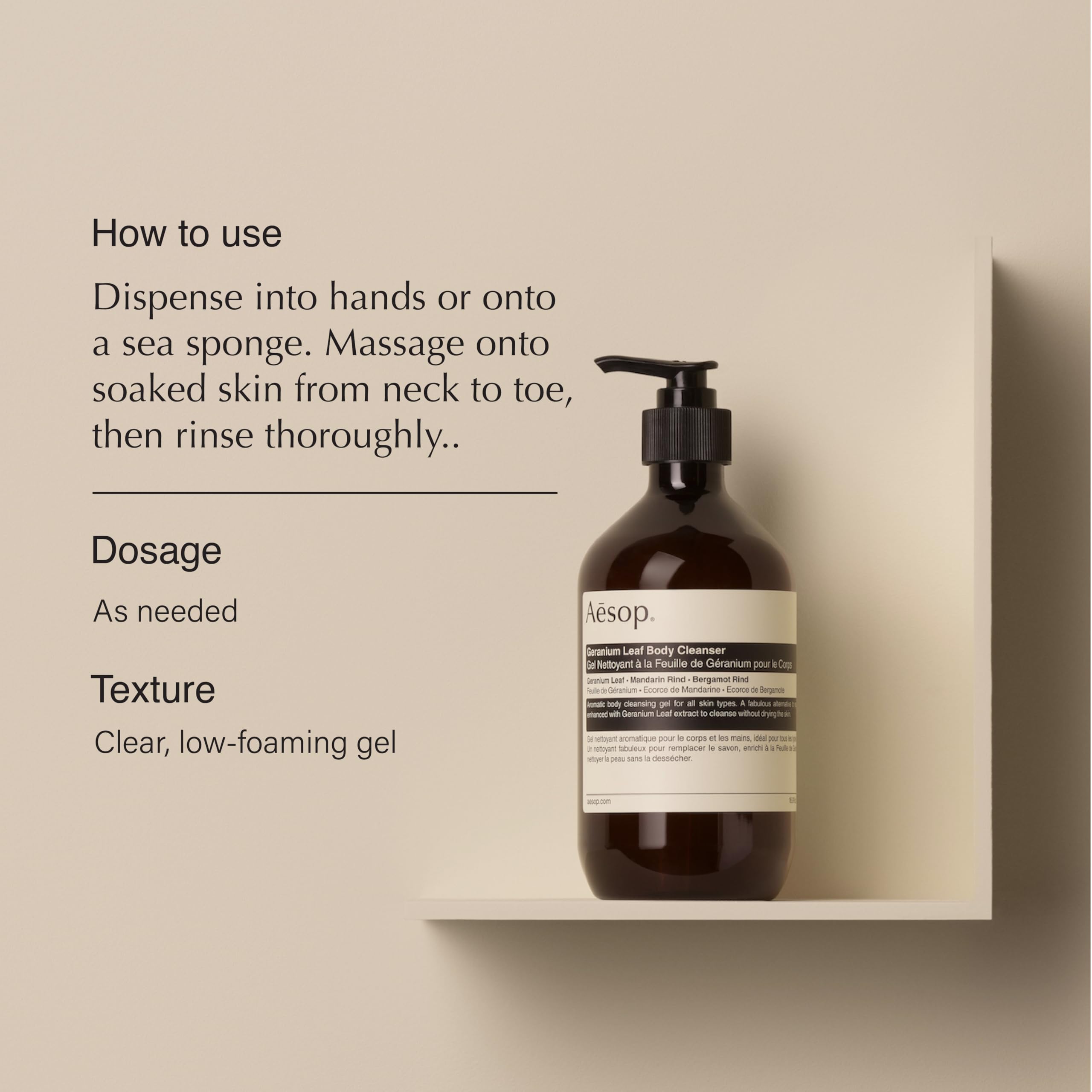 Aesop Geranium Leaf Body Cleanser bottle with recyclable packaging