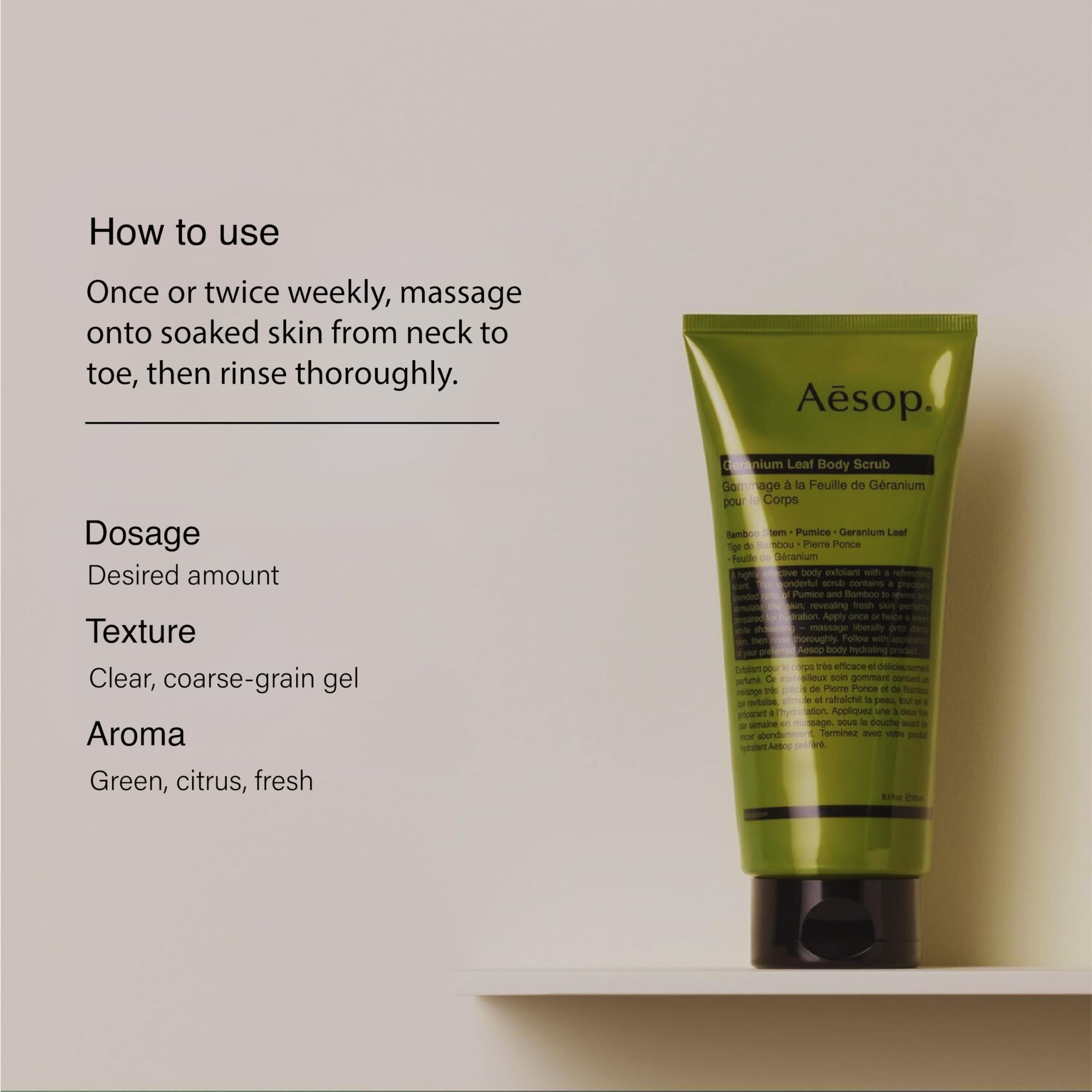 Aesop Geranium Leaf Body Cleanser gel texture ready for quick rinse.