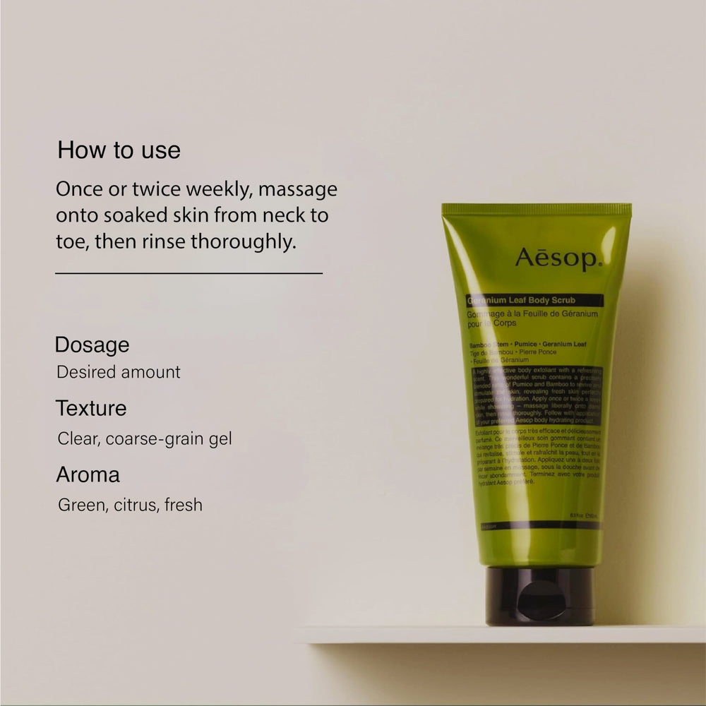 Aesop Geranium Leaf Body Cleanser gel texture ready for quick rinse.