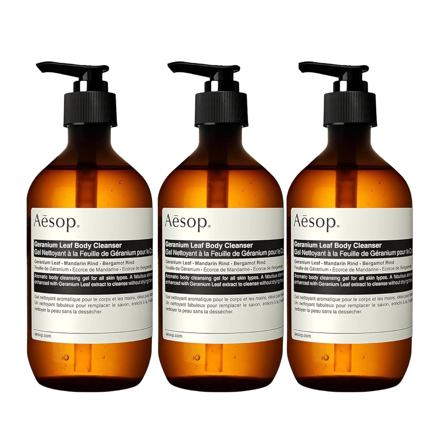 Aesop Geranium Leaf Body Cleanser gel being poured for a refreshing cleanse