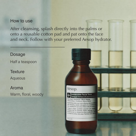 Aesop Immaculate Tonic cotton pad application for gentle refinement.