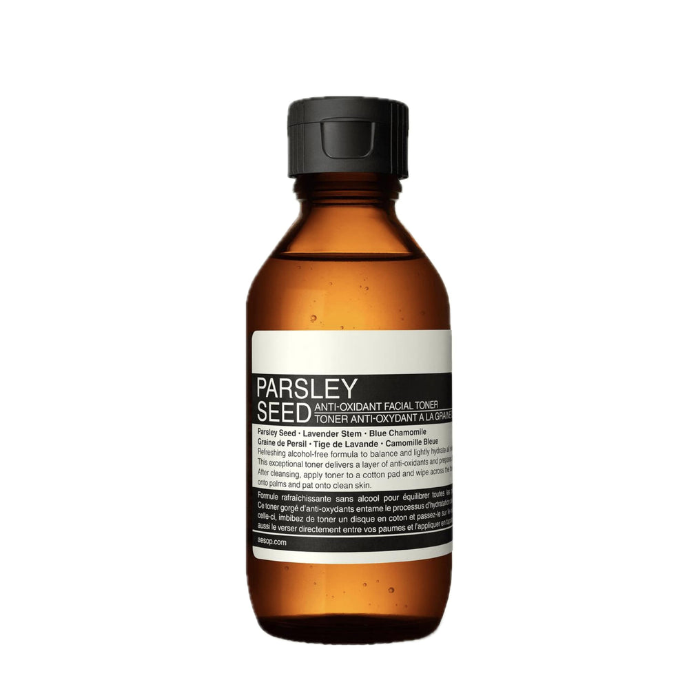Aesop Parsley Seed Toner bottle for balanced skin and hydration prep.