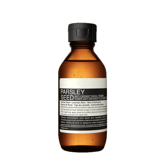 Aesop Parsley Seed Toner bottle for balanced skin and hydration prep.