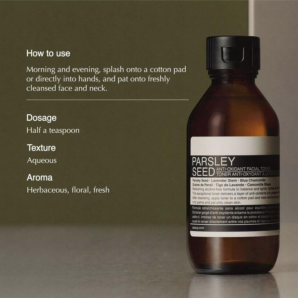 Aesop Parsley Seed Toner ingredients highlight parsley seed and botanicals for antioxidant support.
