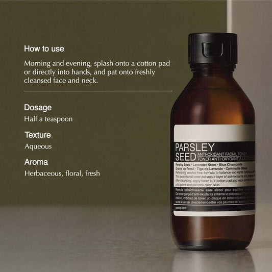 Aesop Parsley Seed Toner ingredients highlight parsley seed and botanicals for antioxidant support.