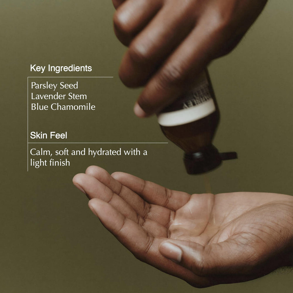 Close-up of Aesop Parsley Seed Toner pump for controlled, fragrance-free application.