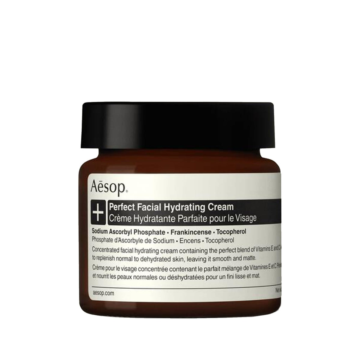 Aesop Perfect Facial Hydrating Cream jar closeup highlighting rich hydration without heaviness.