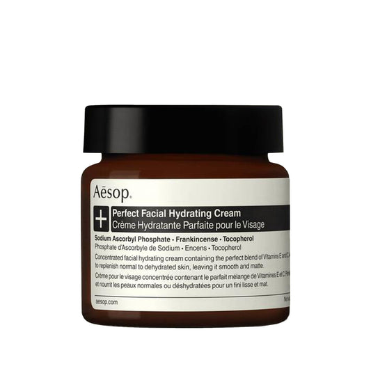 Aesop Perfect Facial Hydrating Cream jar closeup highlighting rich hydration without heaviness.