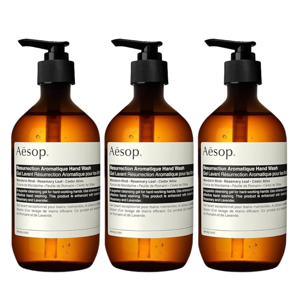 Aesop Resurrection Hand Wash triple-pack bottles for daily cleansing and refreshment.