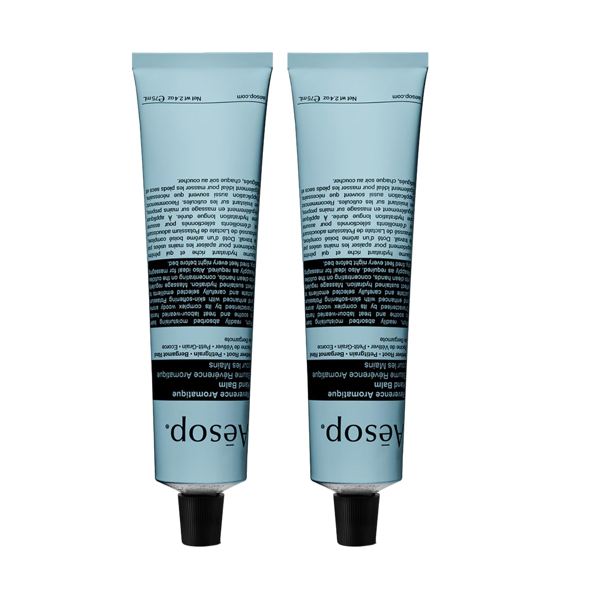 Aesop Reverence Aromatique Hand Balm duo packaging for travel hydration.