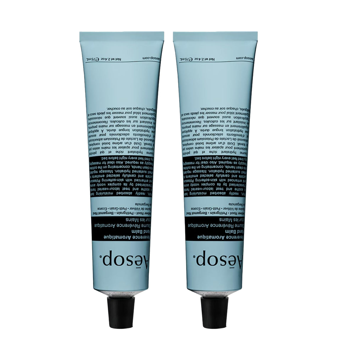 Aesop Reverence Aromatique Hand Balm duo packaging for travel hydration.