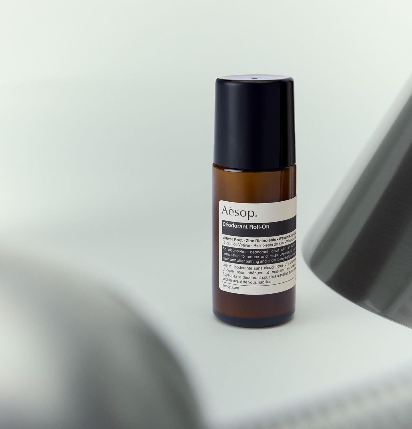 Aesop roll-on deodorant featuring wasabi extract for purifying odor environment.