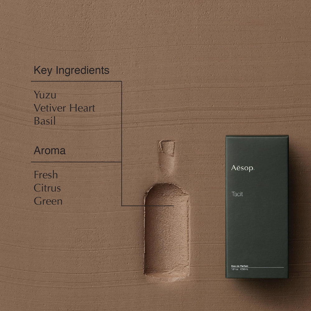 Aesop Tacit display featuring cedarwood and vetiver depth for grounding