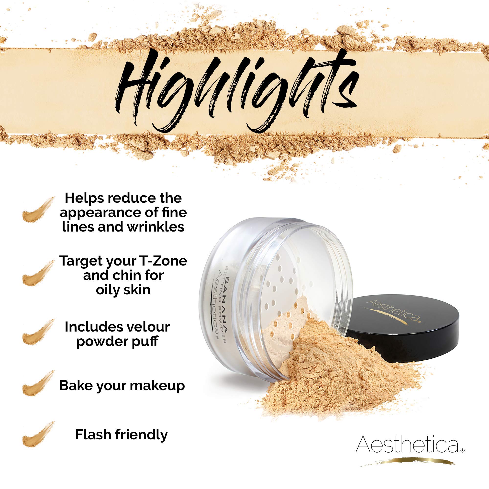 Aesthetica Banana Loose Setting Powder anti-shine effect under natural light photography.