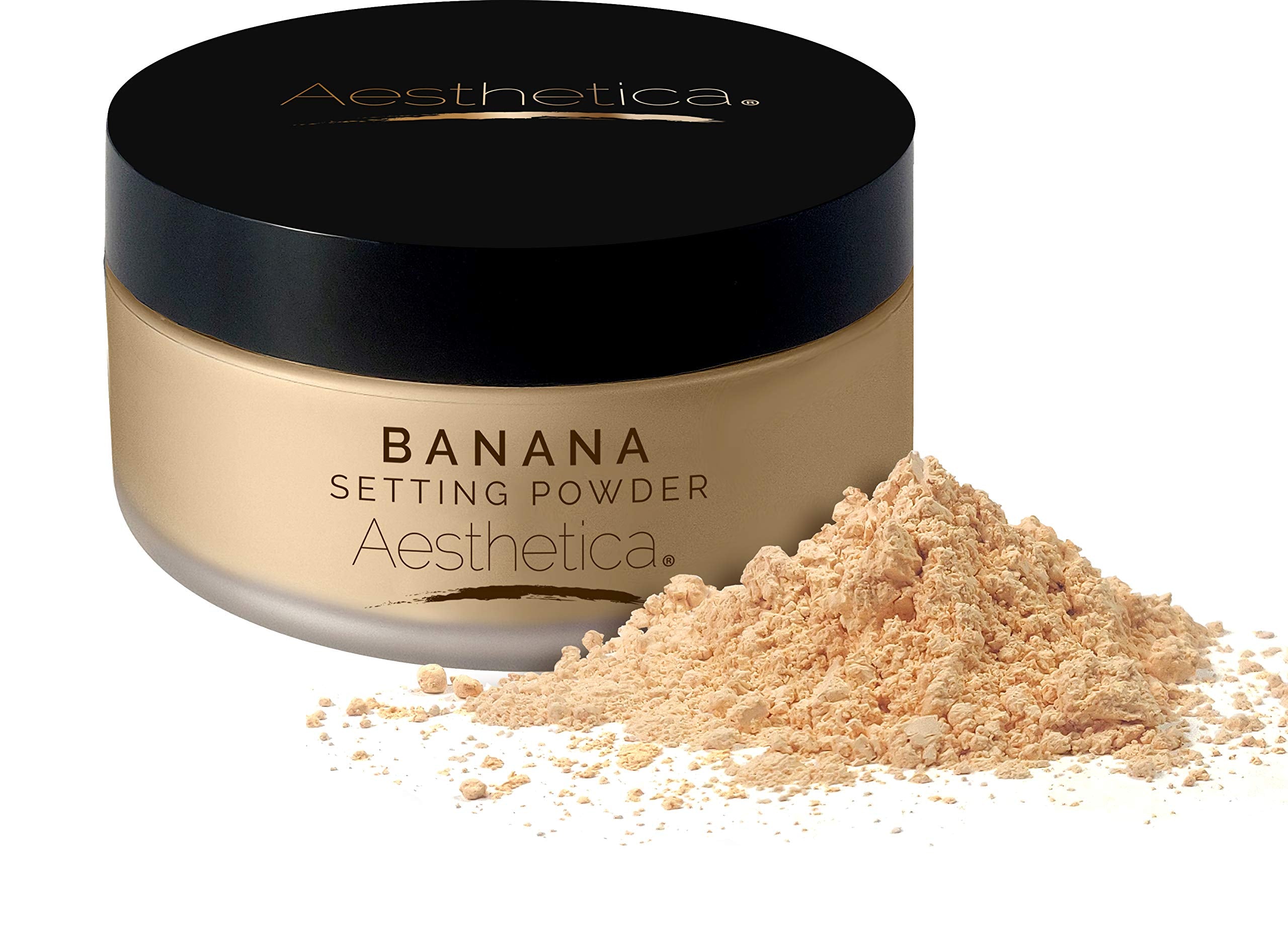 Aesthetica Banana Loose Setting Powder packaging showcases travel-friendly design for on-the-go touch-ups.