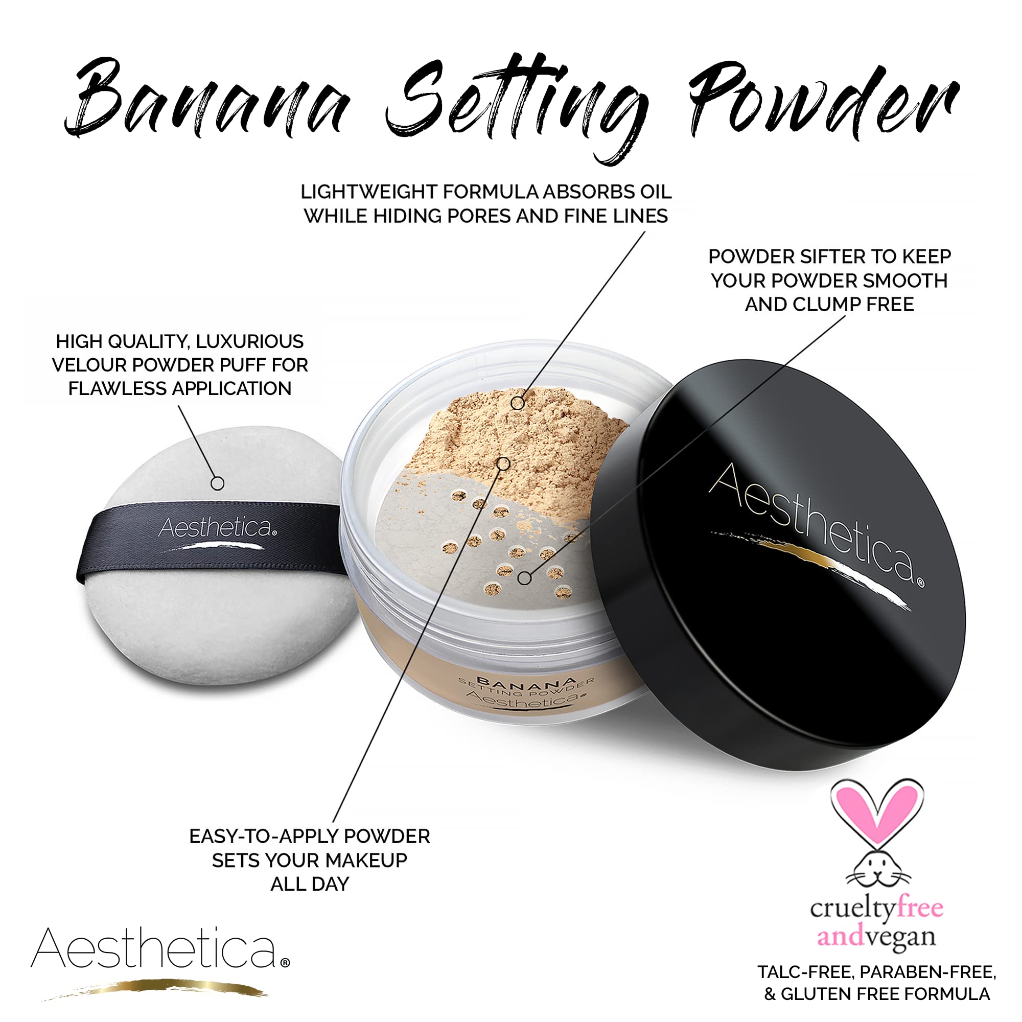 Aesthetica Banana Loose Setting Powder swatch demonstrates universal shade balance for redness reduction.