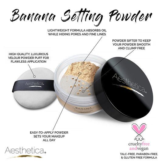 Aesthetica Banana Loose Setting Powder swatch demonstrates universal shade balance for redness reduction.