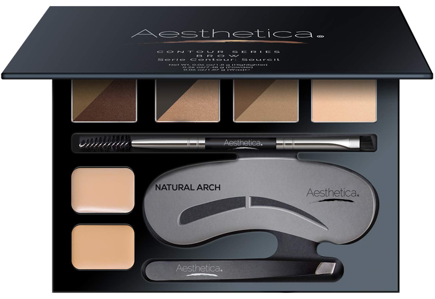 Aesthetica Brow Contour Kit palette with 6 powders for precise brow shaping.