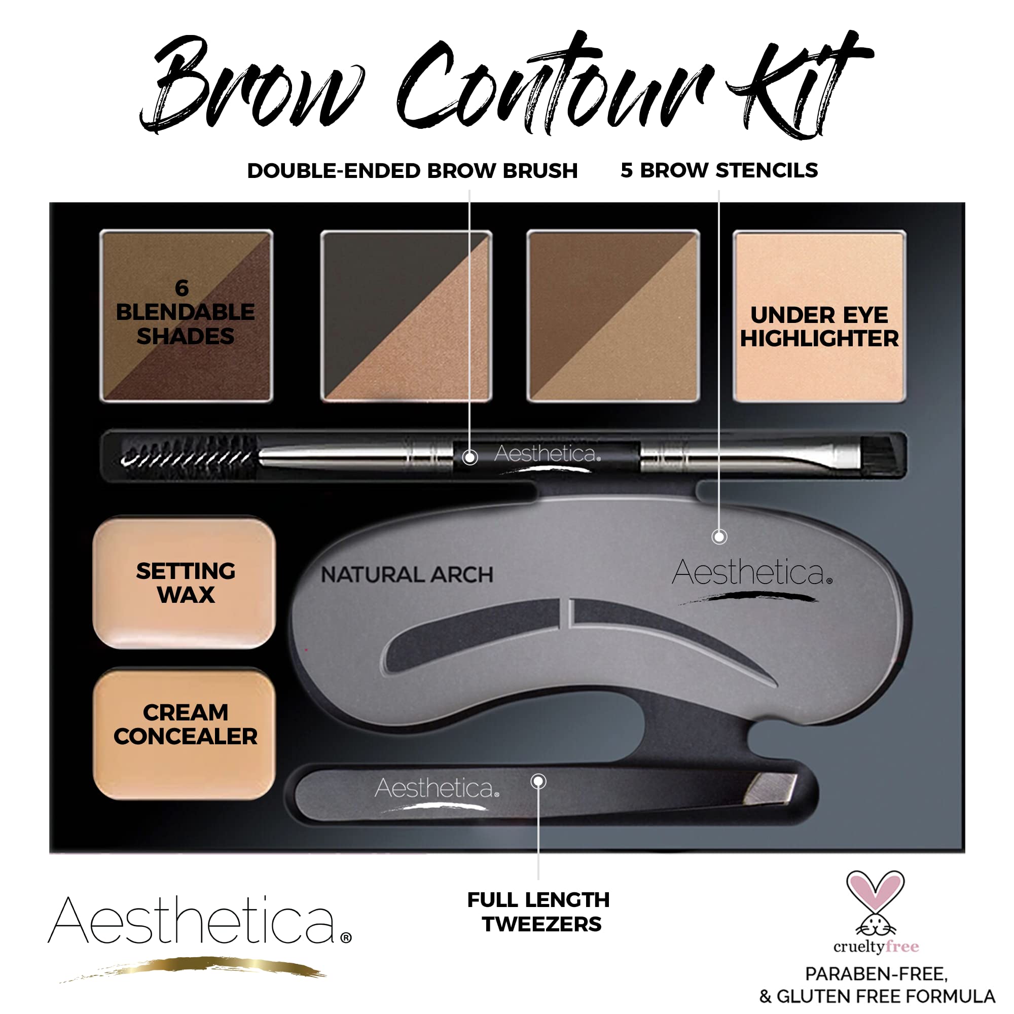 Aesthetica brow powders collection in natural tones for seamless filling.