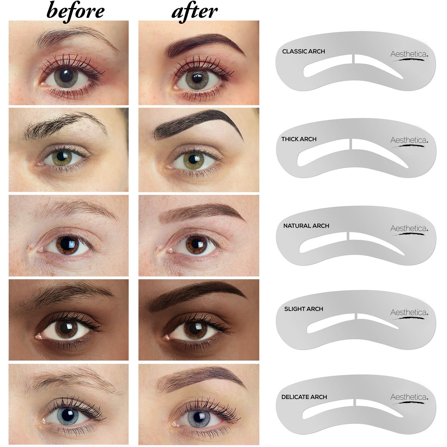 Aesthetica 5 eyebrow stencils kit enabling professional brow shapes.