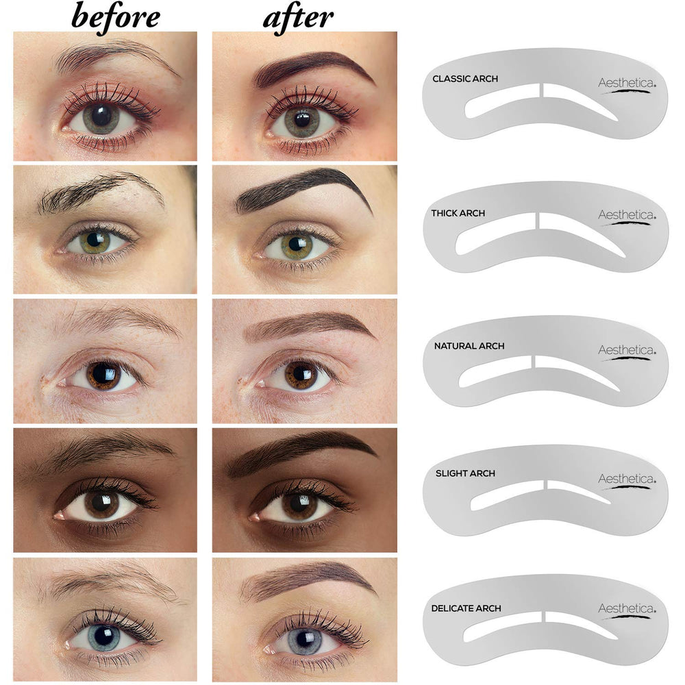 Aesthetica 5 eyebrow stencils kit enabling professional brow shapes.