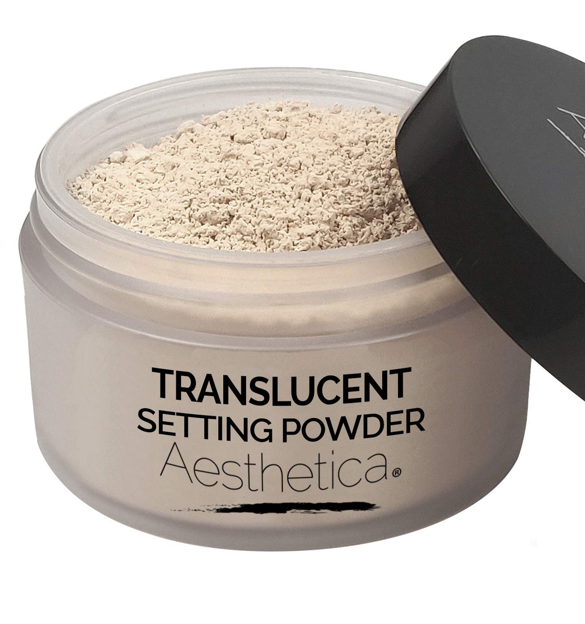 Aesthetica Translucent Setting Powder packaging with travel-friendly container for quick touch-ups.