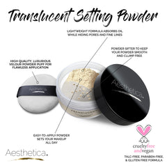 Aesthetica Translucent Setting Powder velour puff in use for flawless finish.