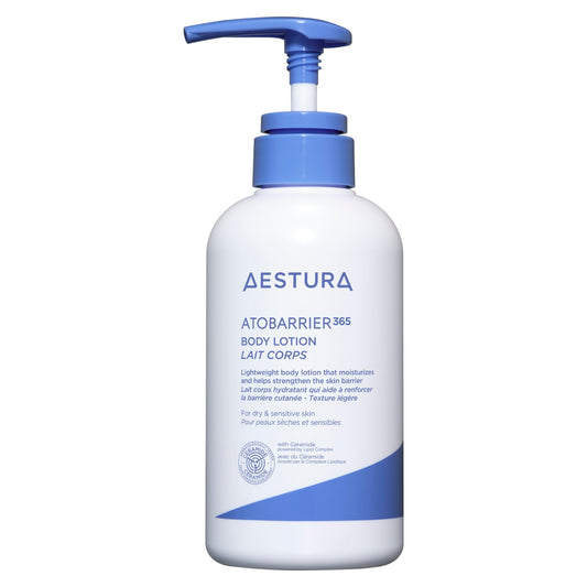 AESTURA ATOBARRIER365 bottle front demonstrates fragrance-free hydration for sensitive, dry skin.