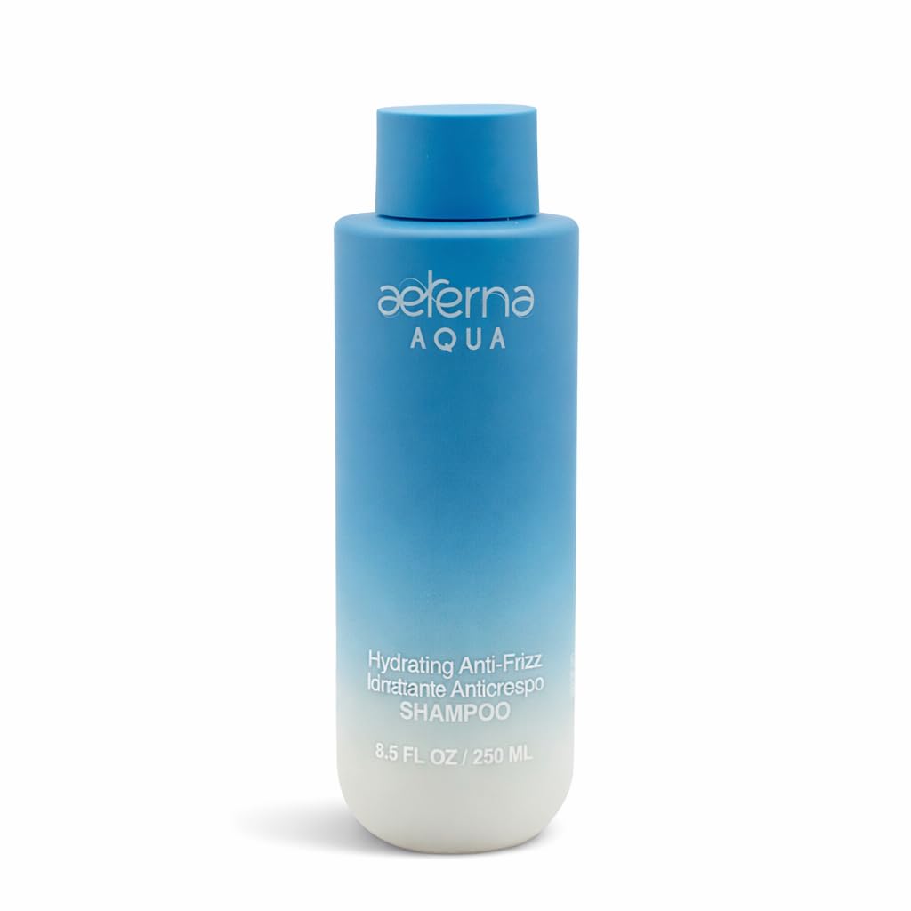 Aeterna AQUA shampoo bottle close-up highlighting sulfate-free formula and color protection