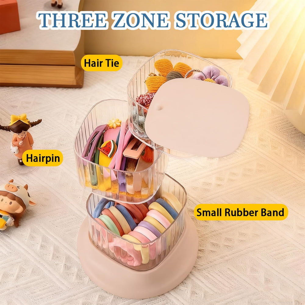 Clear compartments displaying hair ties and clips for quick access