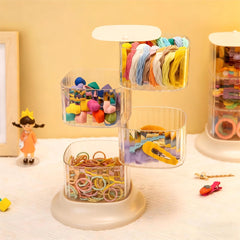 AevumTech 4-layer rotating hair organizer on vanity keeps items within reach.