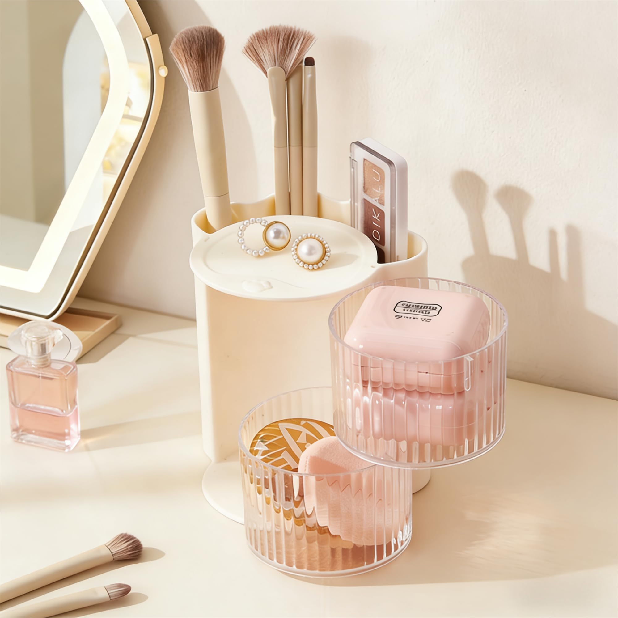 AevumTech makeup brush holder helps tidy bristles while saving desk space.