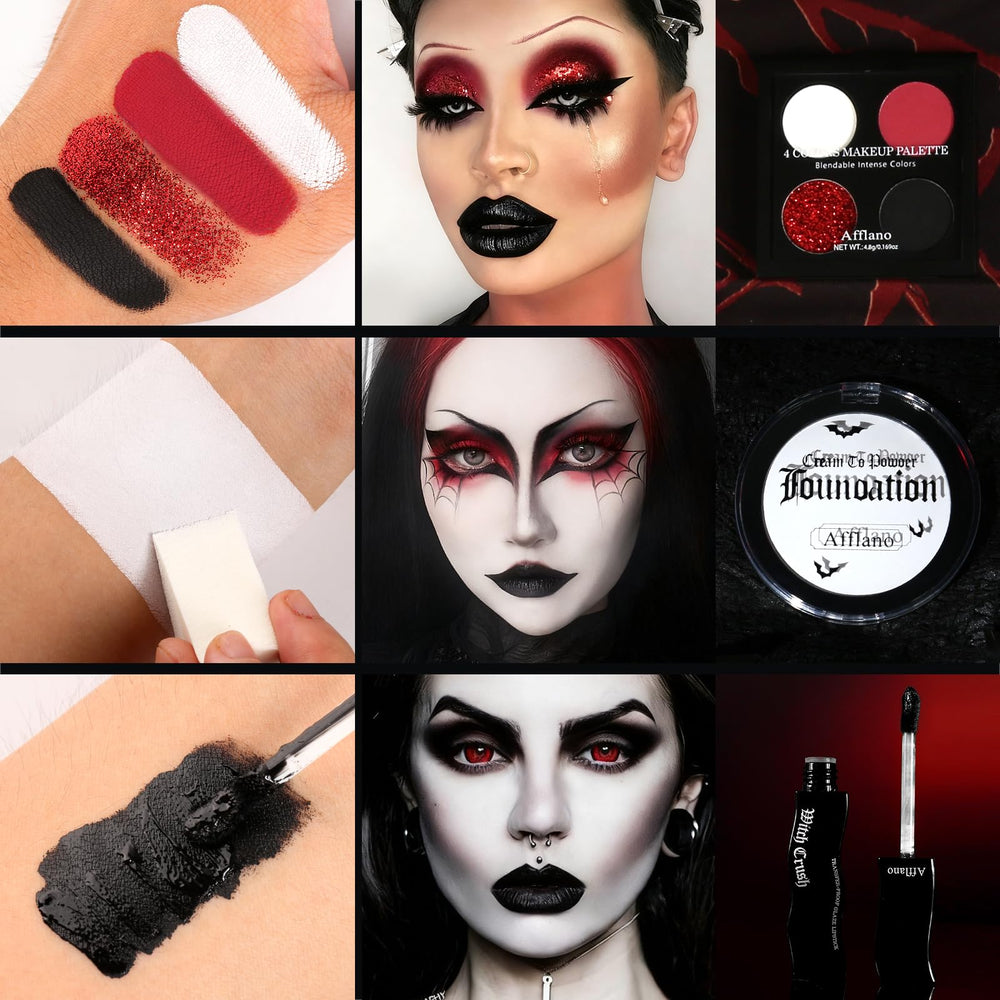 Afflano goth eyeshadow palette with four colors for smoky, high-contrast eyes.