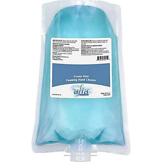 Afia Ocean Mist Foaming Hand Cleaner bottle with pour demonstrates quick, gentle hand cleansing for busy spaces