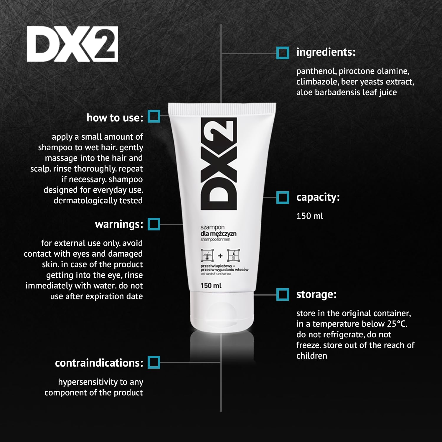 Climbazole and piroctone olamine ingredients highlighted for dandruff control in DX2.